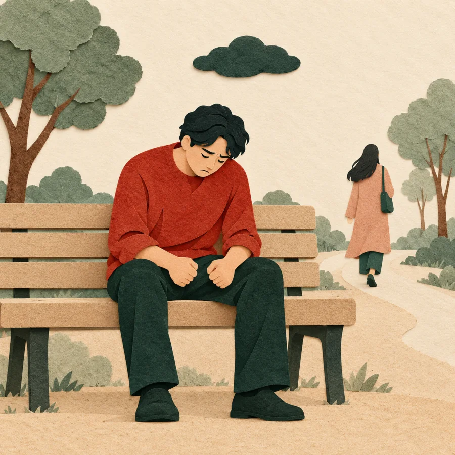 A clenched-fist person sits alone on a bench while another walks away under a jade cloud