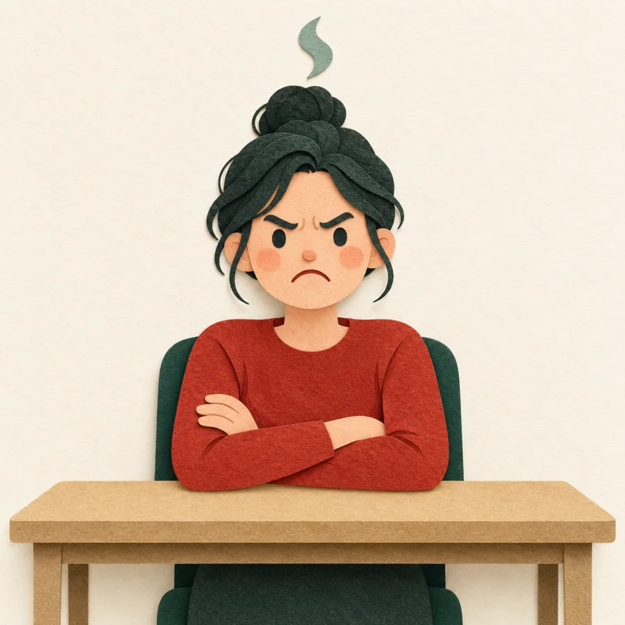 A worker crosses arms at a desk with a small jade steam curl rising above