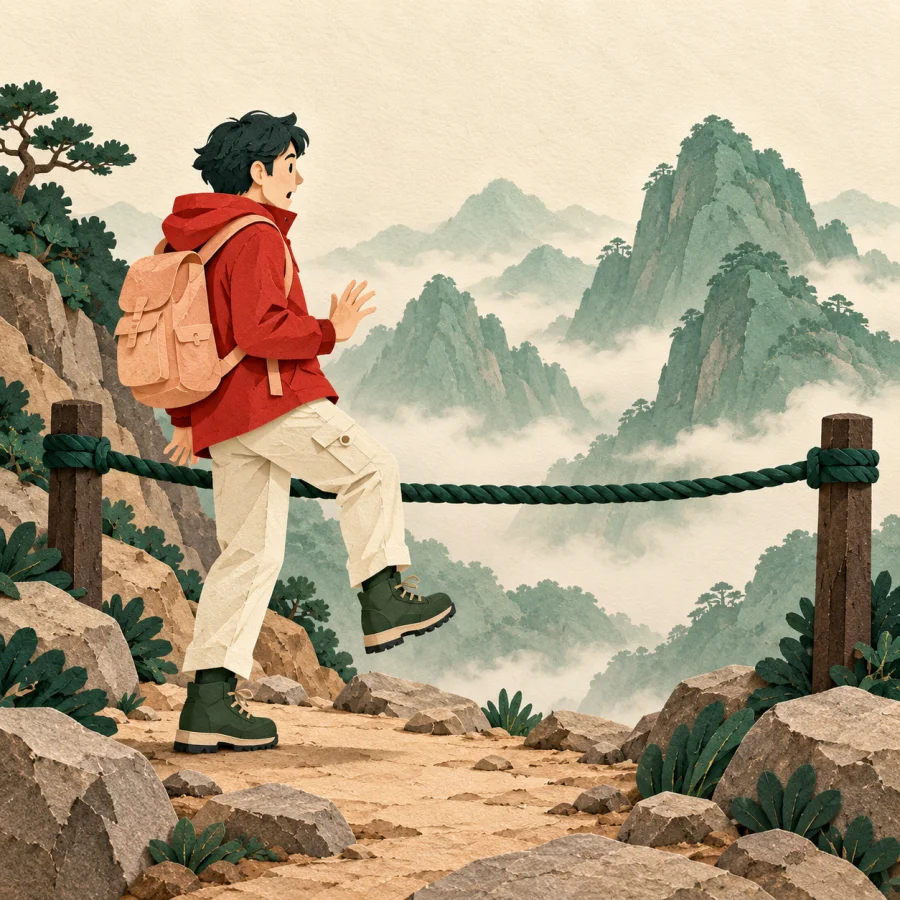 A hiker halts mid-step before a deep ink green barrier blocking the trail