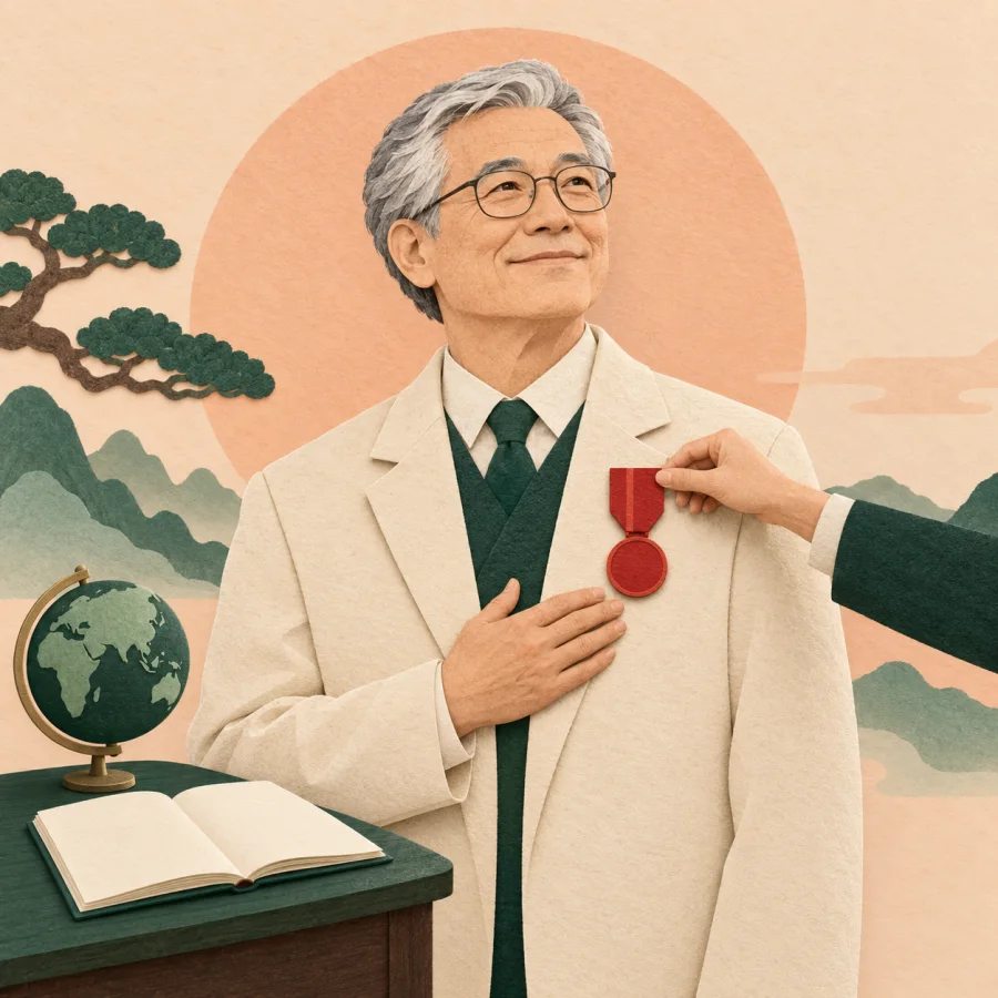 A gray-haired scholar receives a cinnabar red medal with a globe model beside