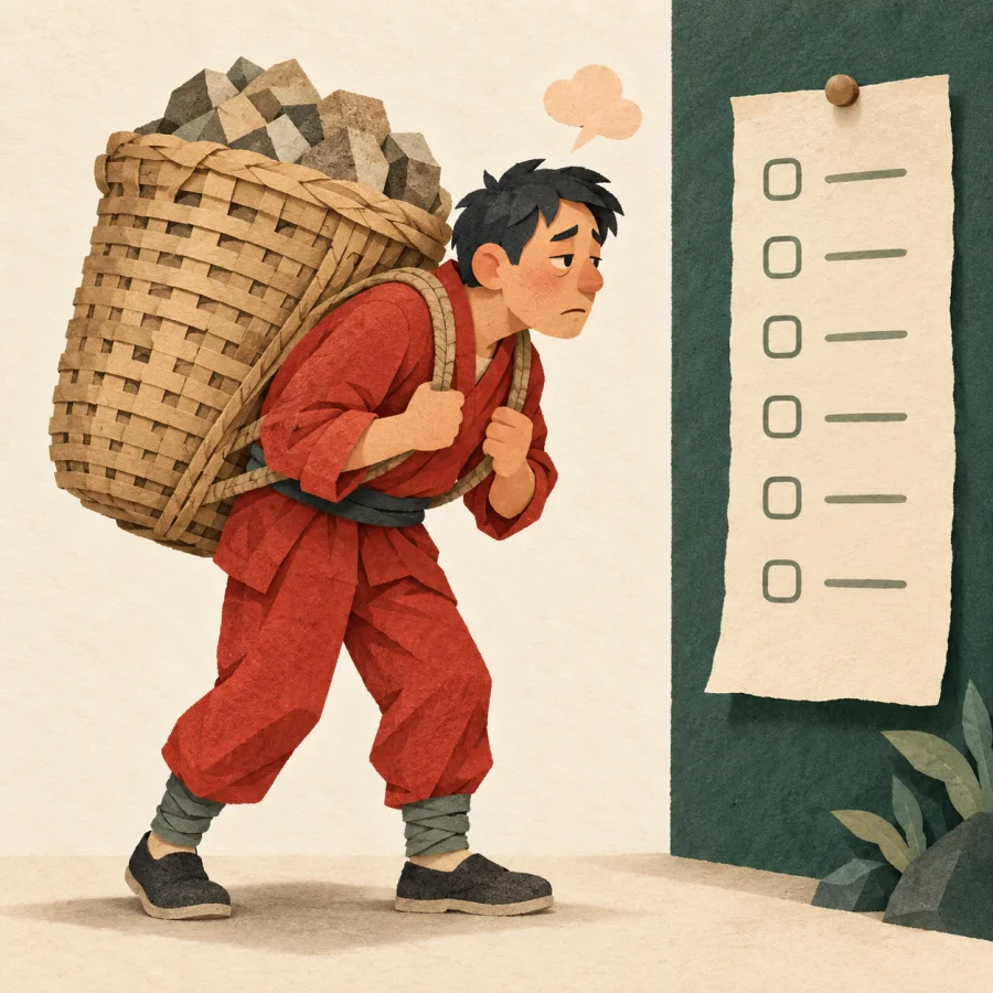 A tired worker looks at a long list, a small puff above his head