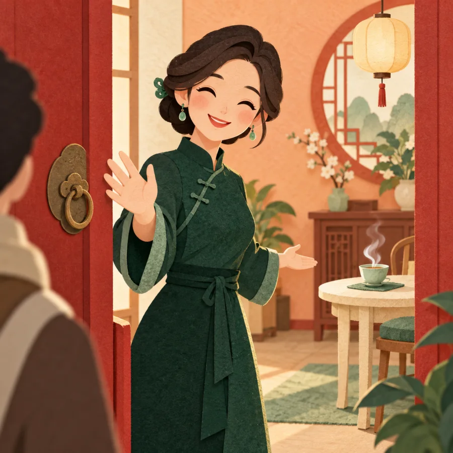 A host waves a guest in through an open door