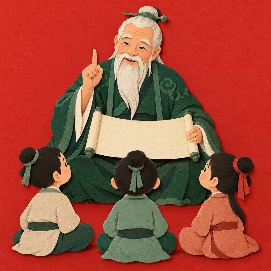 An elder in robes speaks to seated students, one finger raised