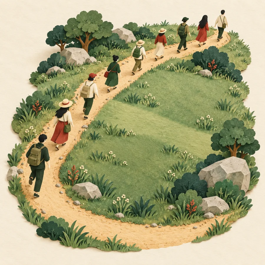 Crowds walk a worn path; an unused shortcut lies empty