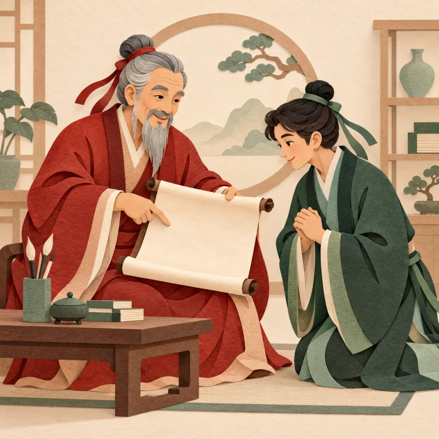 A mentor explains a scroll while a young person bows politely