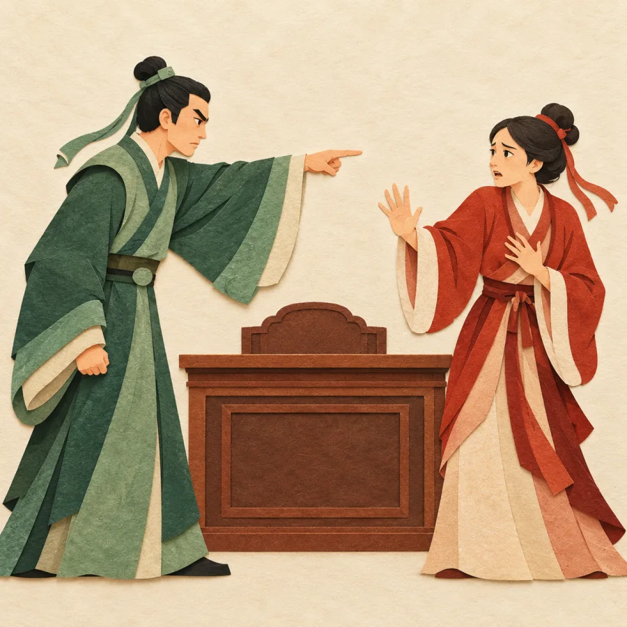 A person points an accusing finger at someone before a courtroom desk