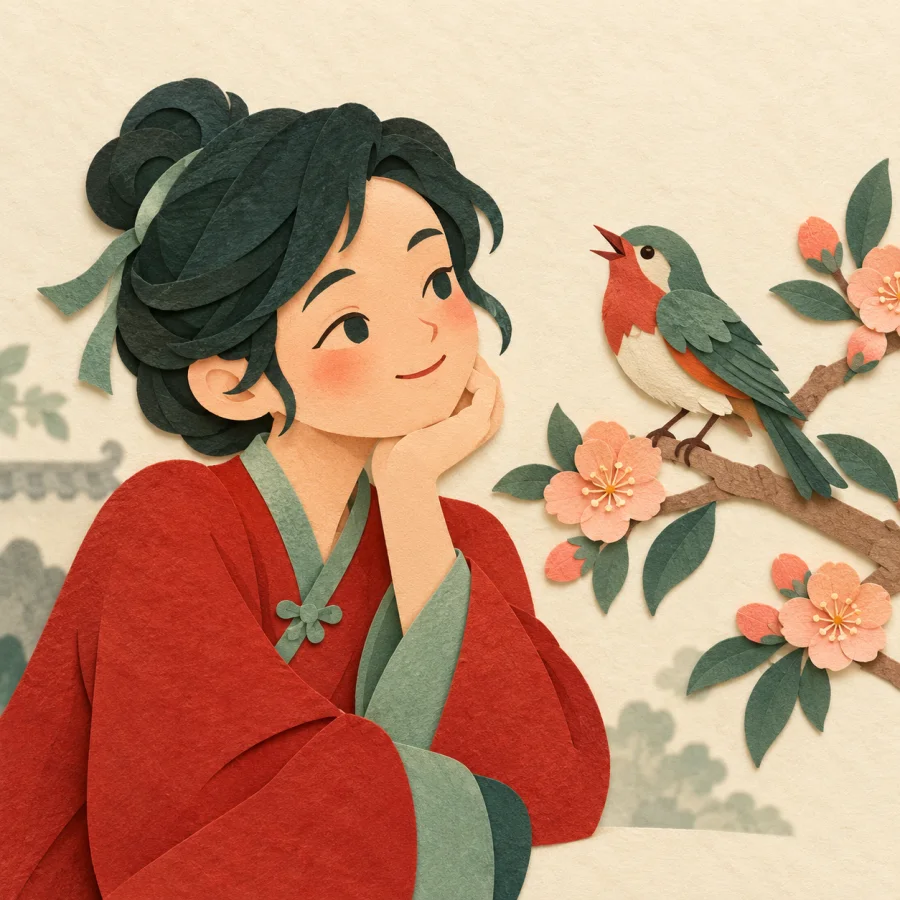 A person happily listens to a small bird singing on a branch