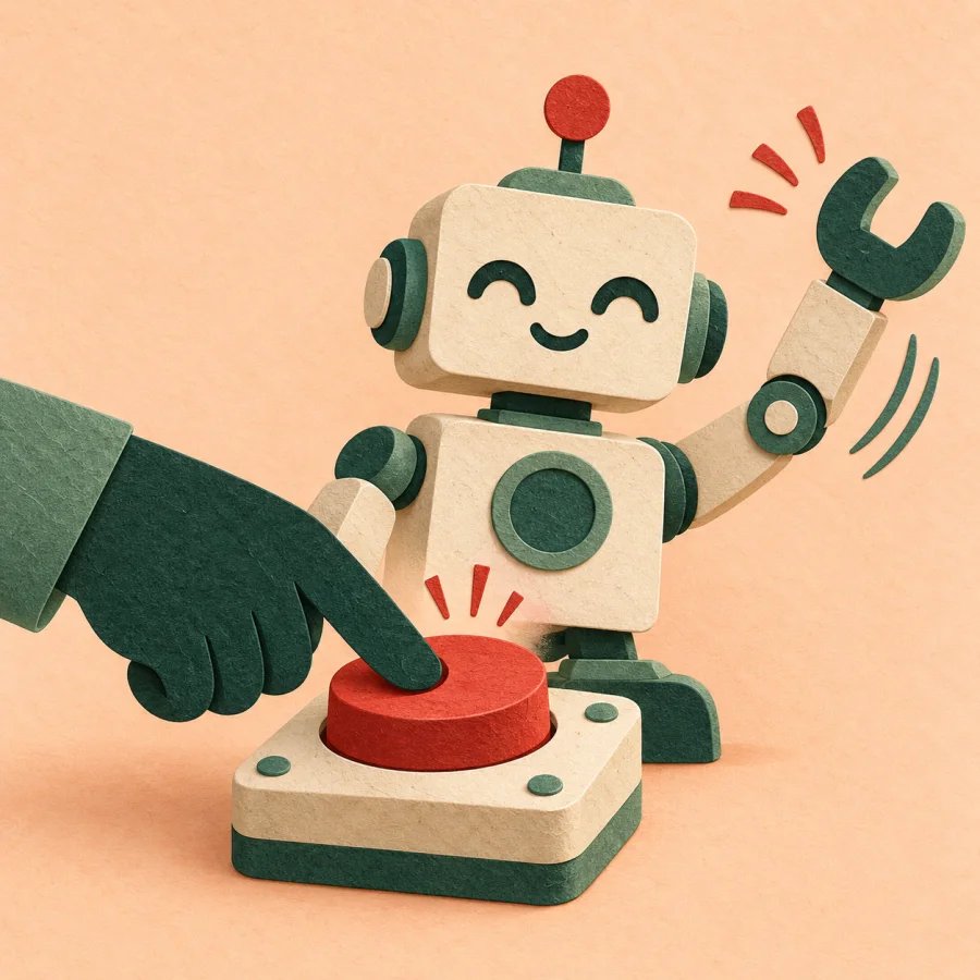 A hand presses a button on a panel and a robot arm moves