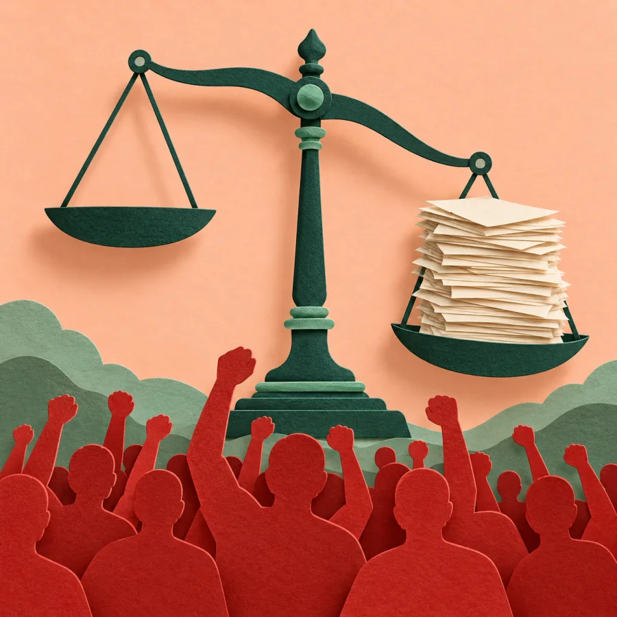 A crowd raises fists as stacked documents grow taller beside a scale tipping