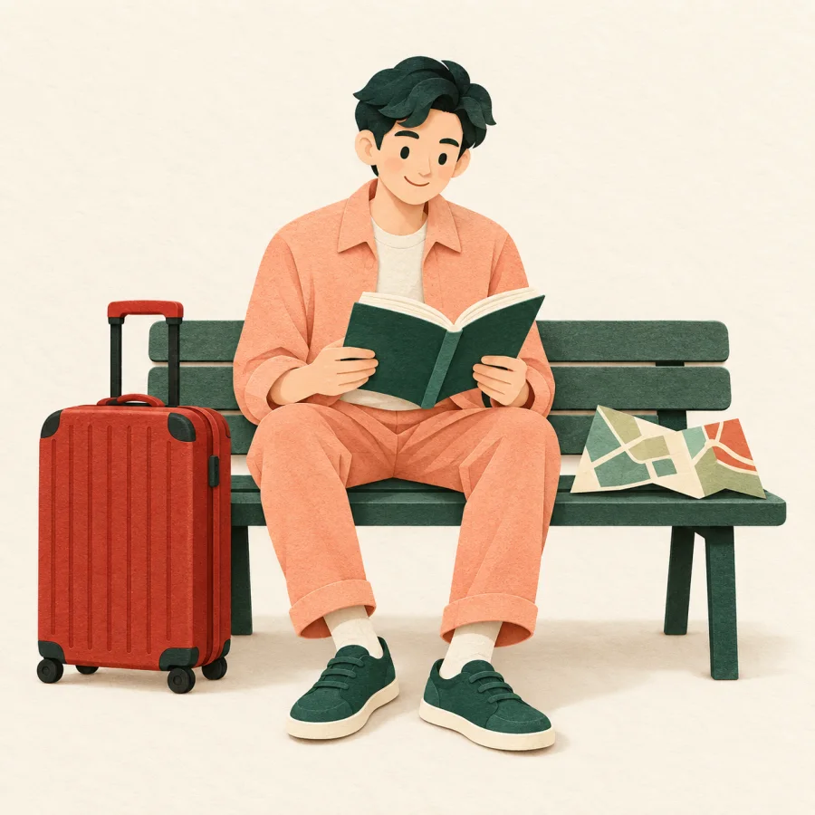A traveler flips through a guidebook next to a suitcase