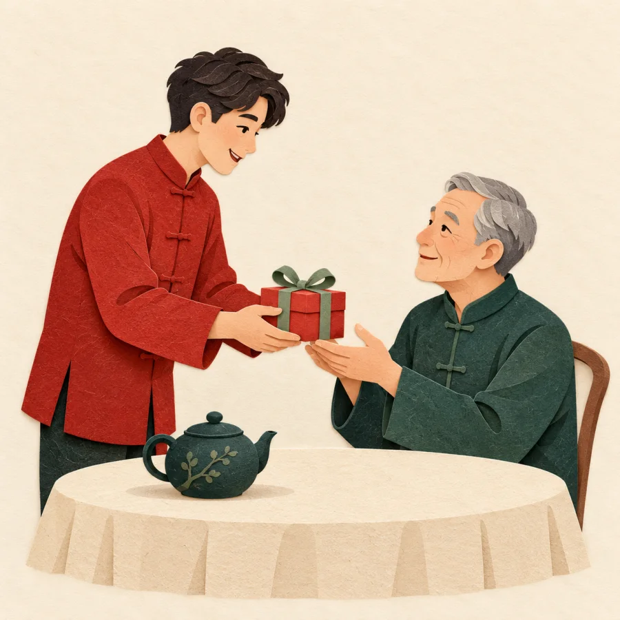 A young man hands a wrapped gift to an older man at a tea table
