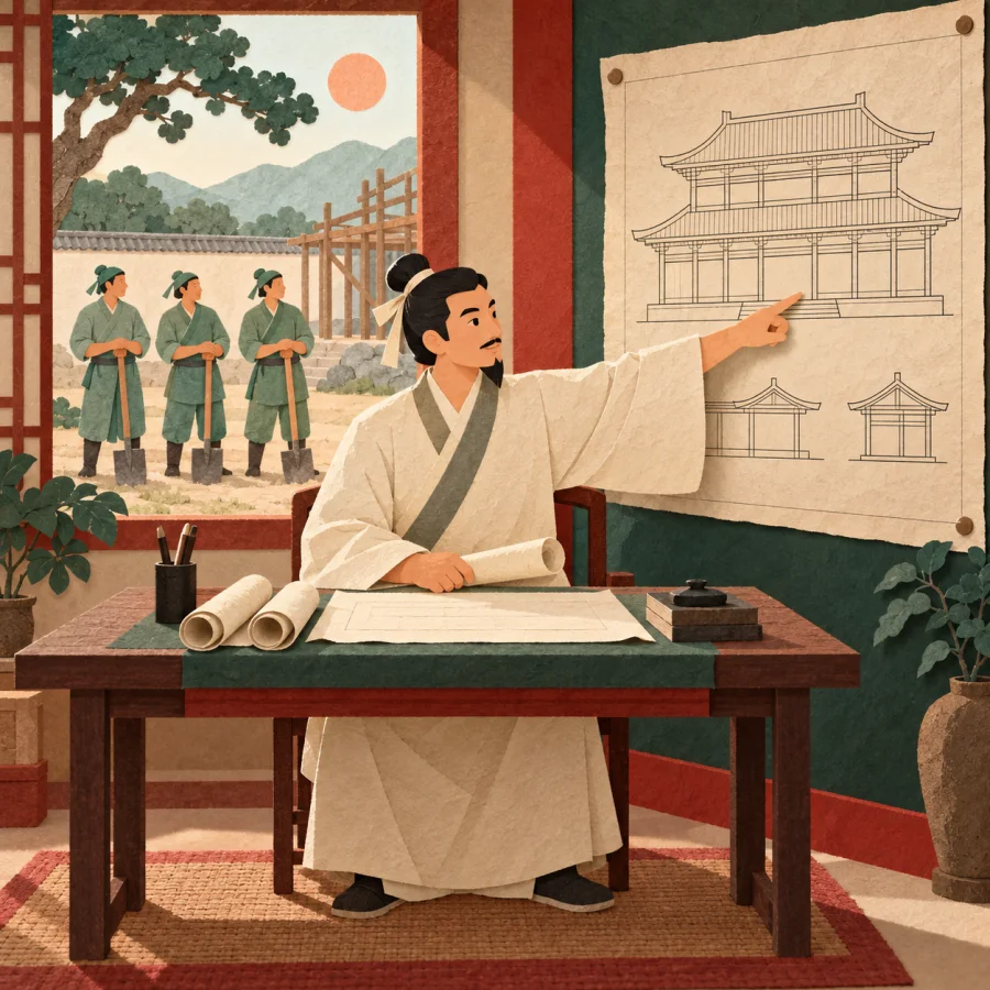 A man points at a blueprint at his desk while workers wait outside