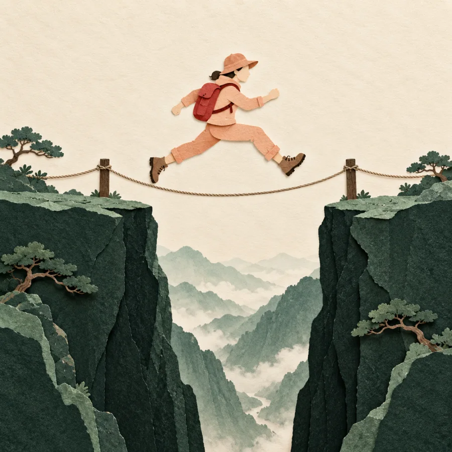 A hiker leaps across a gap between two cliffs