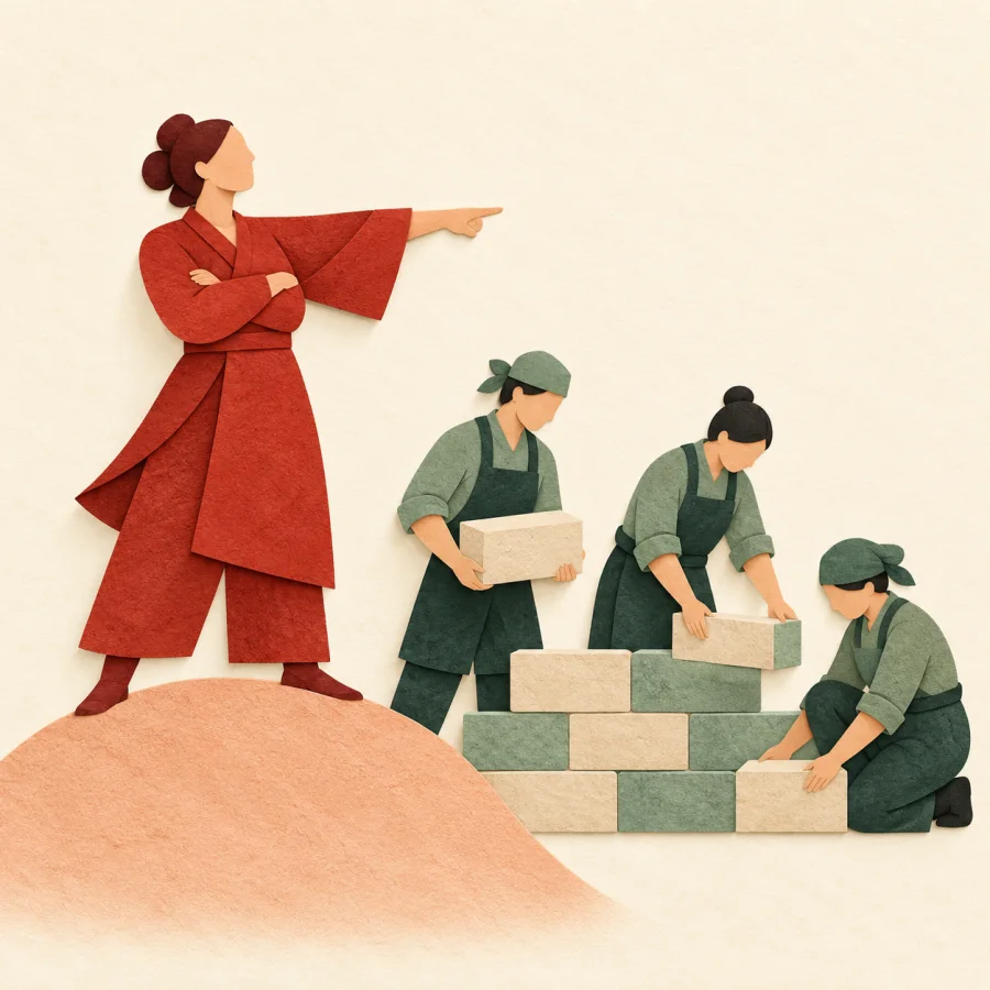 A person points at three workers building a wall