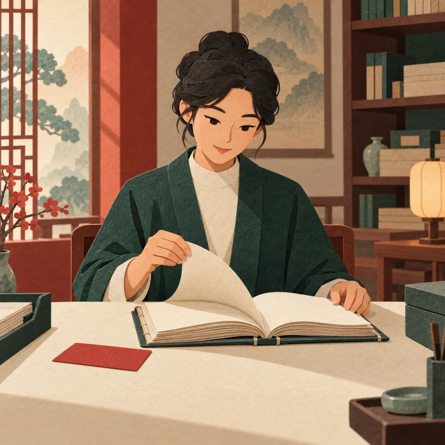 A researcher reads a document at a table in a reading room.