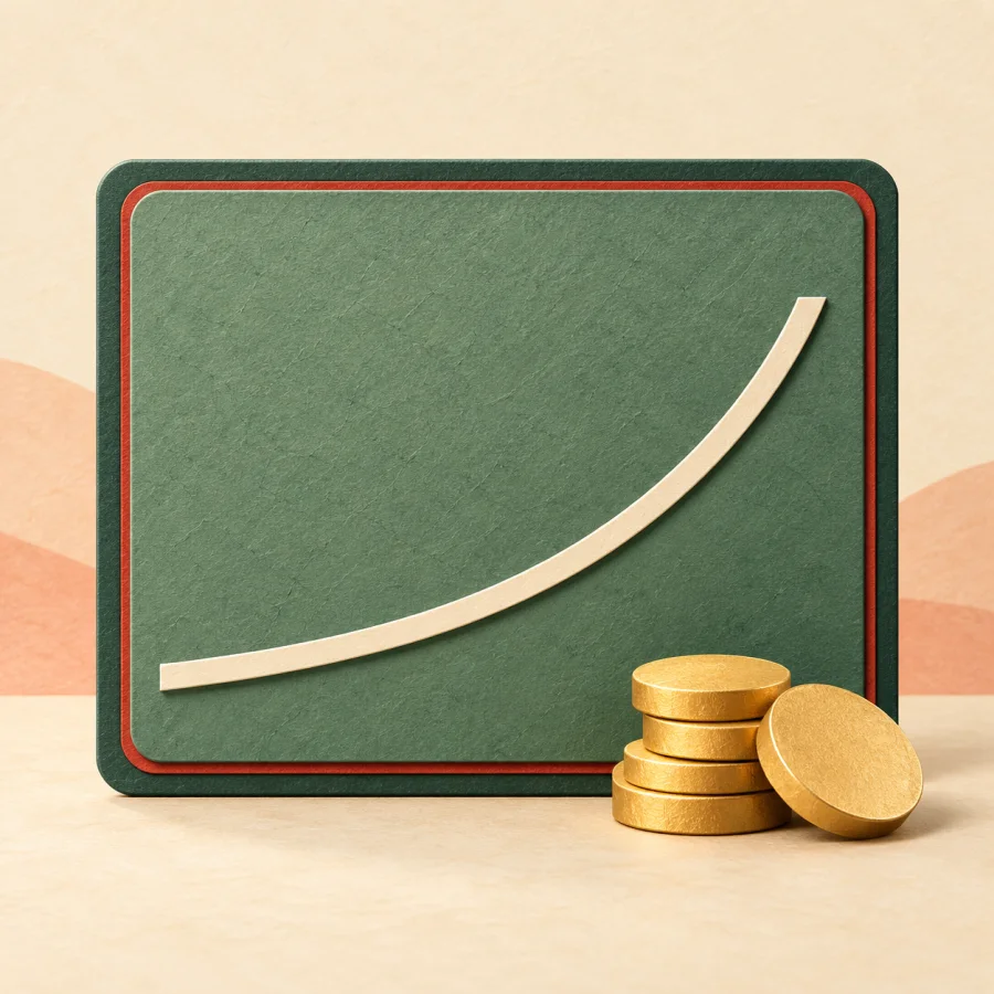 A rising curve on a chart next to a stack of coins.