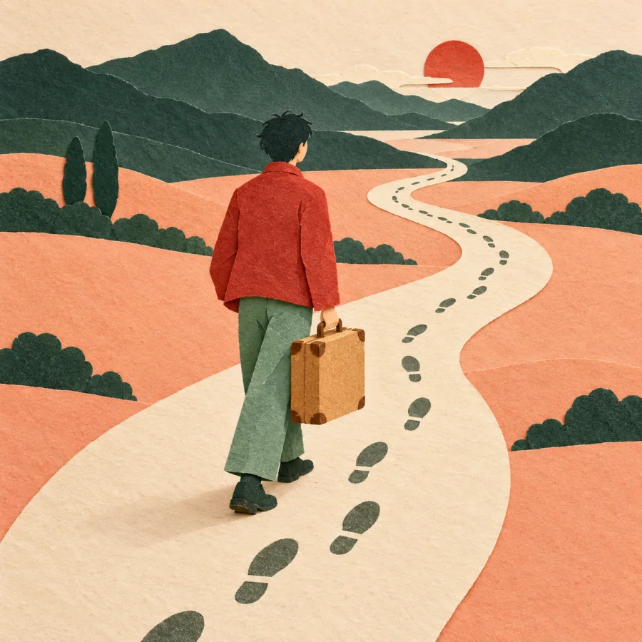 A traveler with a suitcase on a winding path among green hills.
