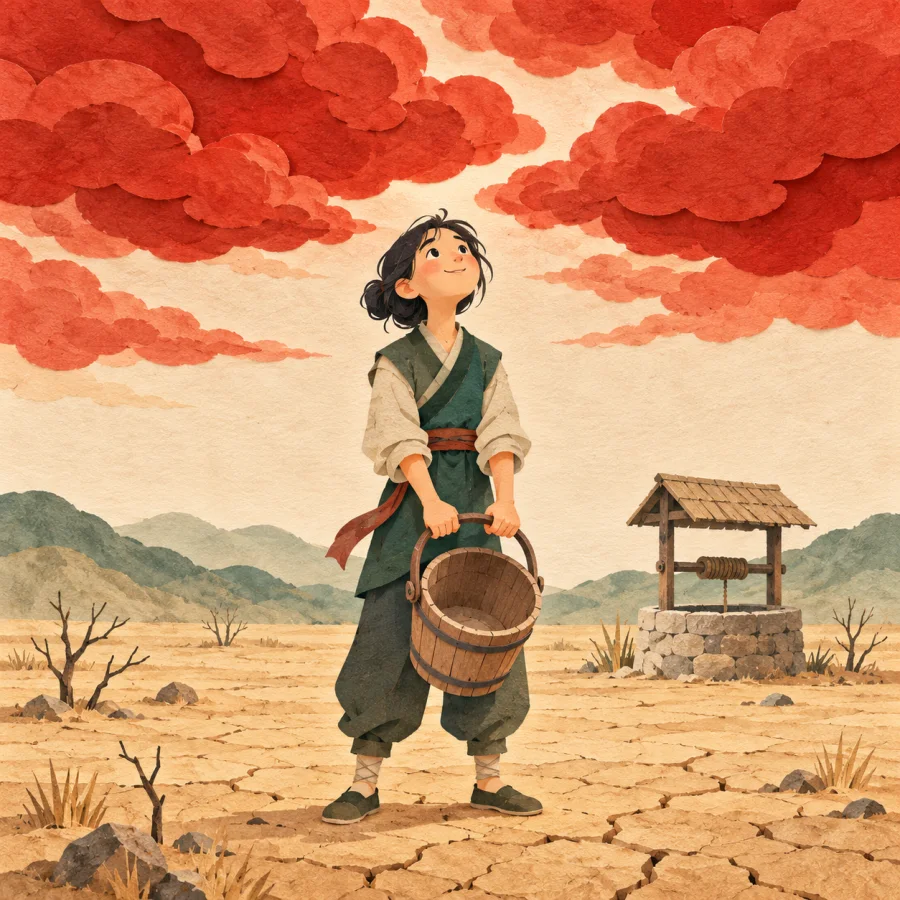 A person with an empty bucket looks up at rain clouds.