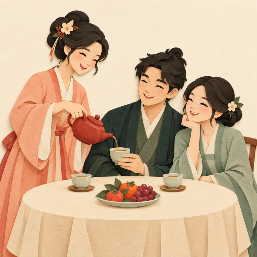 A woman pours tea for a young couple at a table.