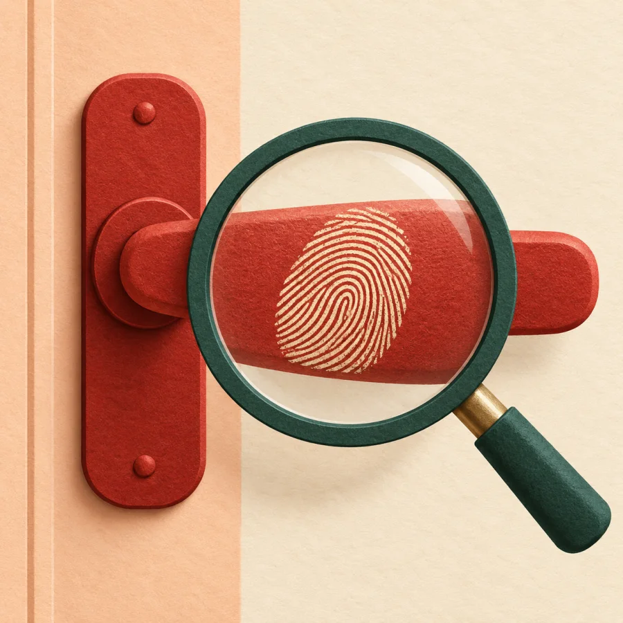 A magnifying glass over a door handle with a large fingerprint