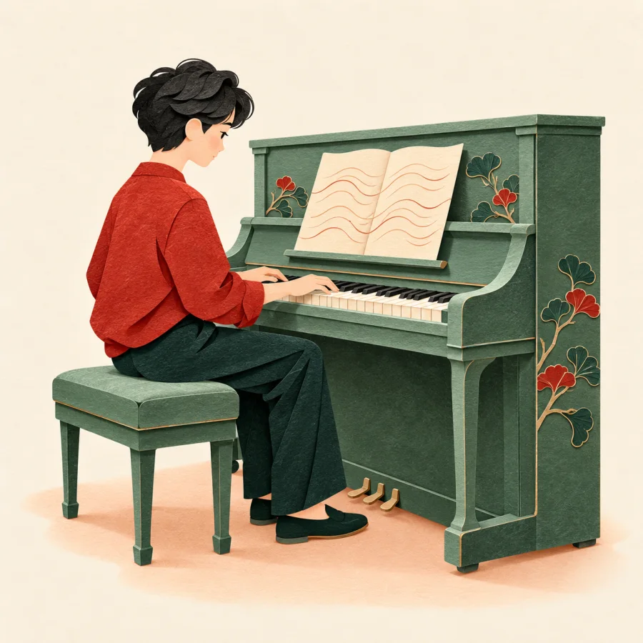 A person at a green piano reads a page of flowing curved lines