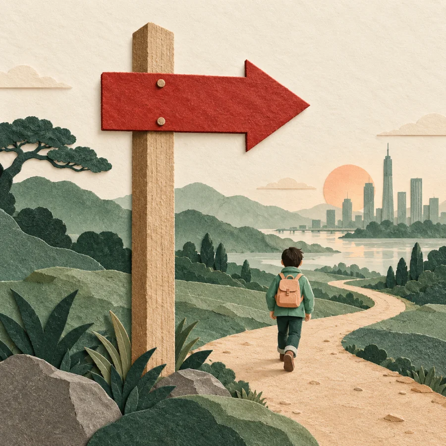 A signpost with a red arrow points toward distant city towers