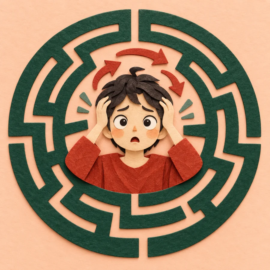 A person holds their head as arrows swirl around in a maze