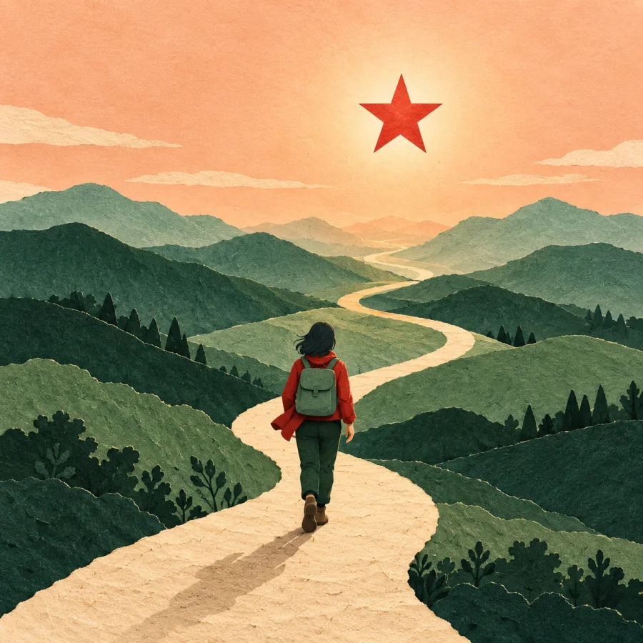 A traveler walks a road toward one bright star in the sky