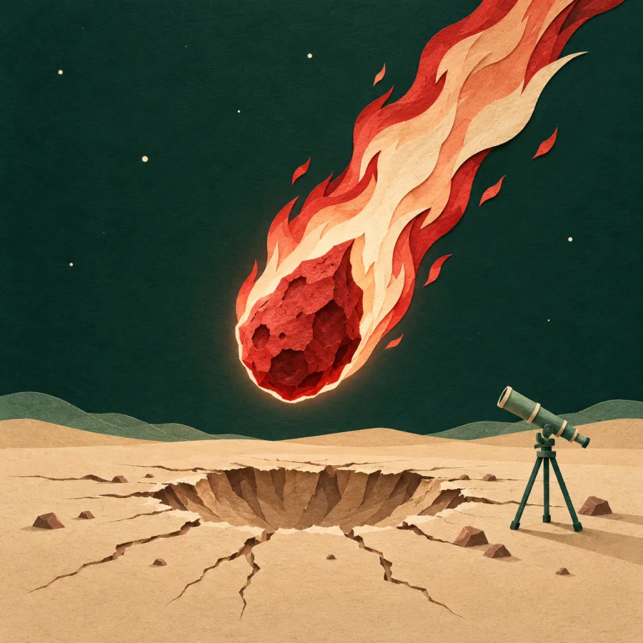 A red meteorite falls toward a sandy field near a small telescope