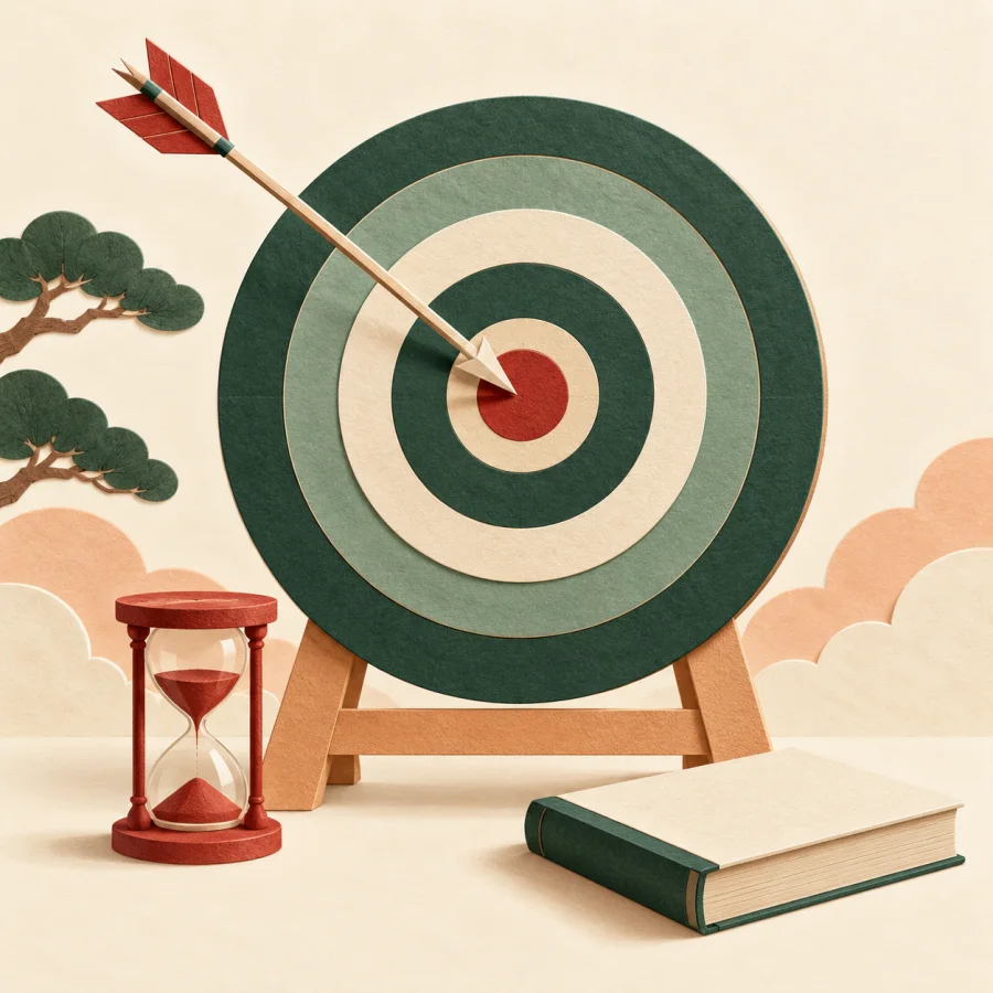 An arrow flies toward a green target with sand timers nearby
