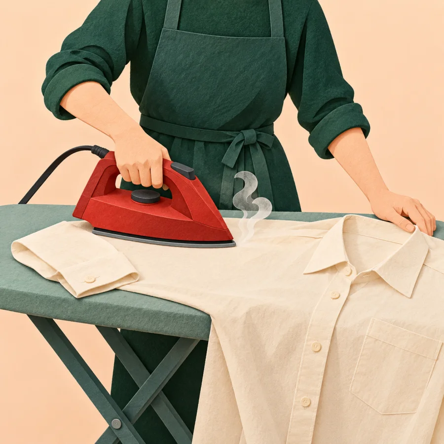 A person irons a cream shirt with a red iron