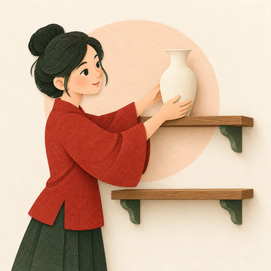 A person carefully placing a vase onto a wooden shelf