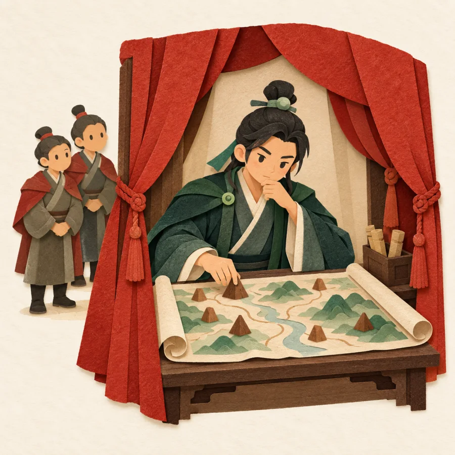 A strategist planning with maps behind a curtain