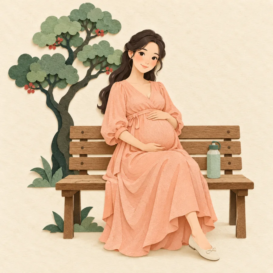 A pregnant woman resting on a park bench