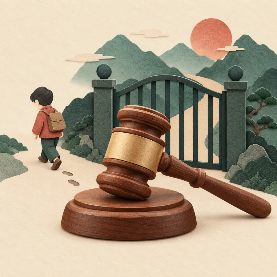 A judge's gavel beside a locked gate on a road