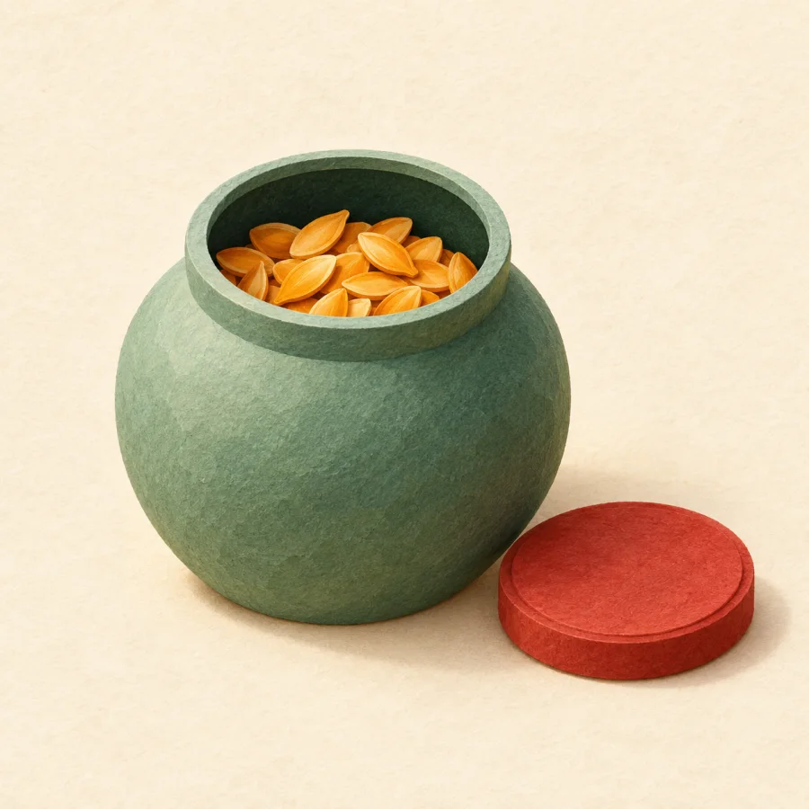 An open clay jar with golden seeds inside