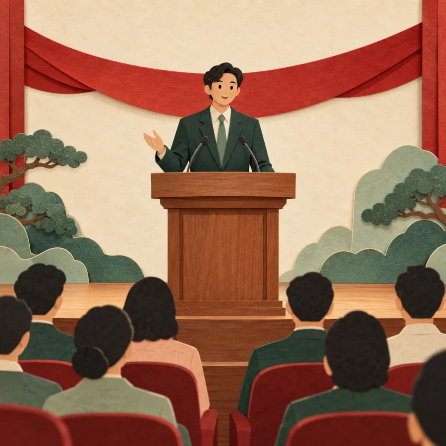A speaker at a podium addresses rows of seated listeners