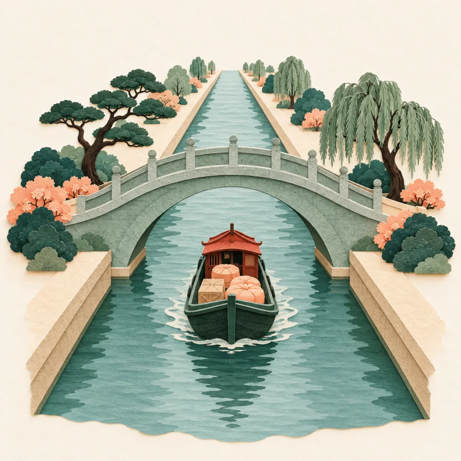 A small boat sails along a long canal under an arched bridge