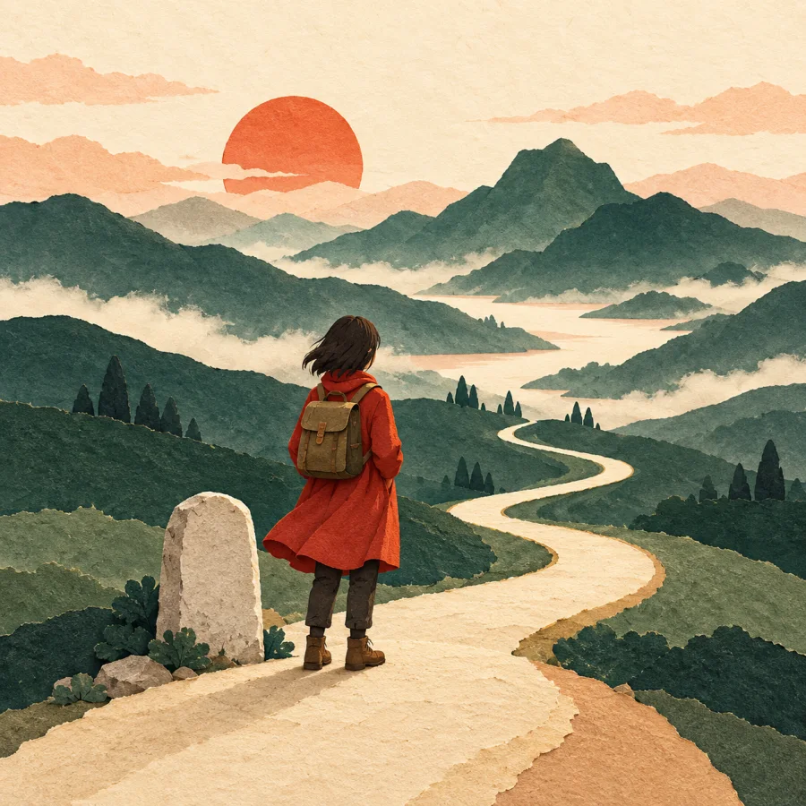 A person stands by a milestone on a winding road