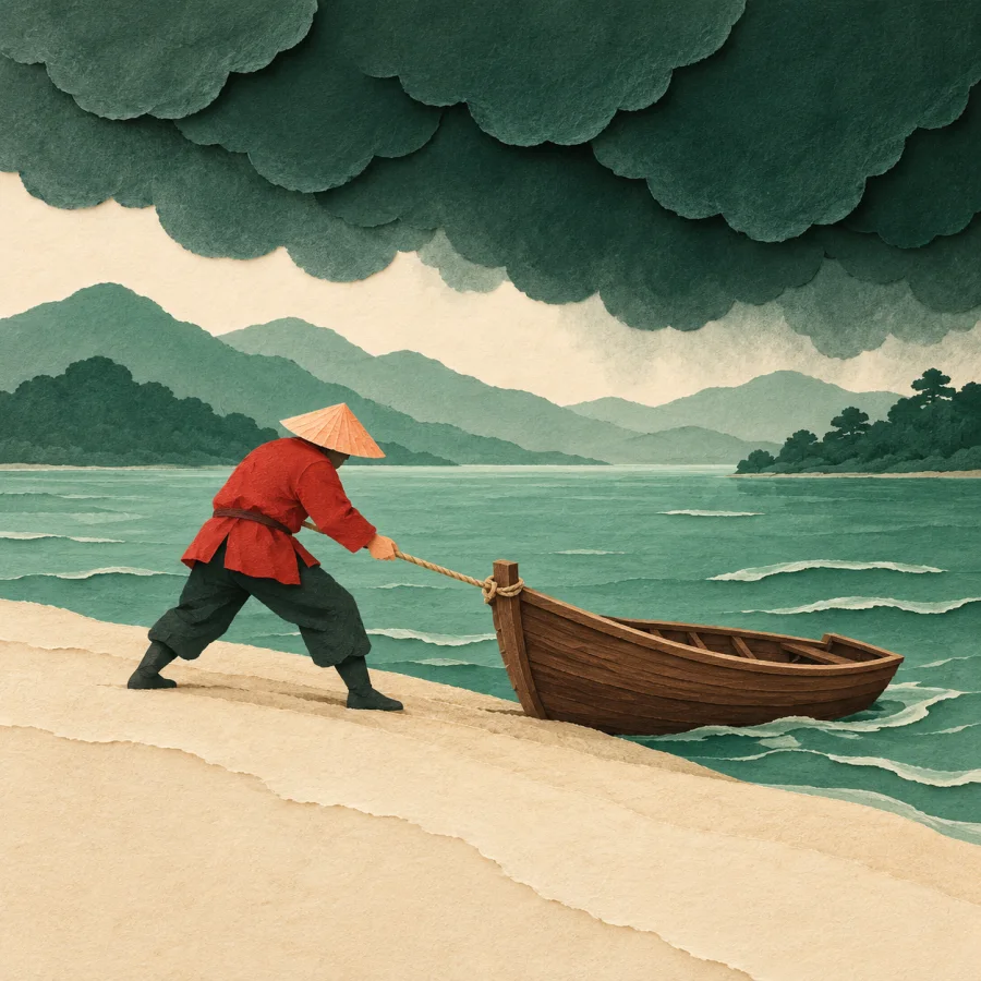 Dark clouds gather over a lake as a boatman pulls in a boat