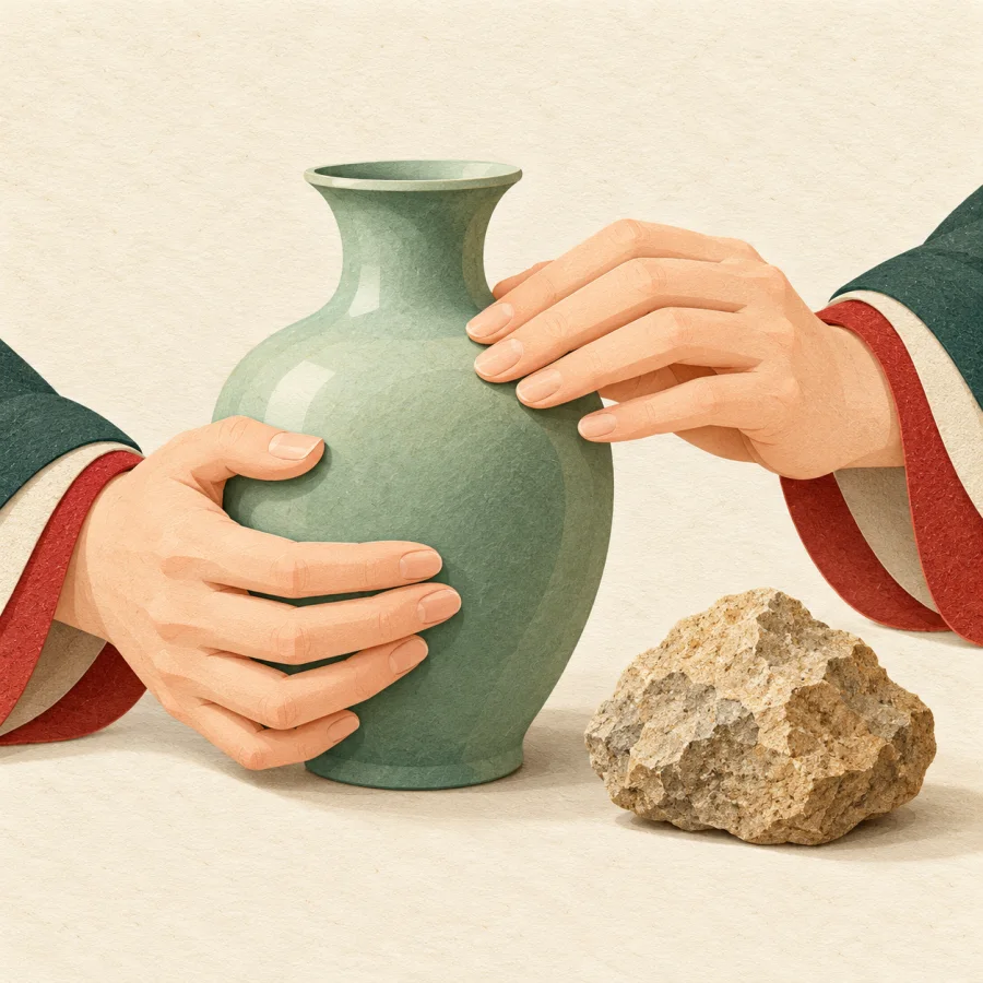 A hand strokes a smooth vase beside a rough stone