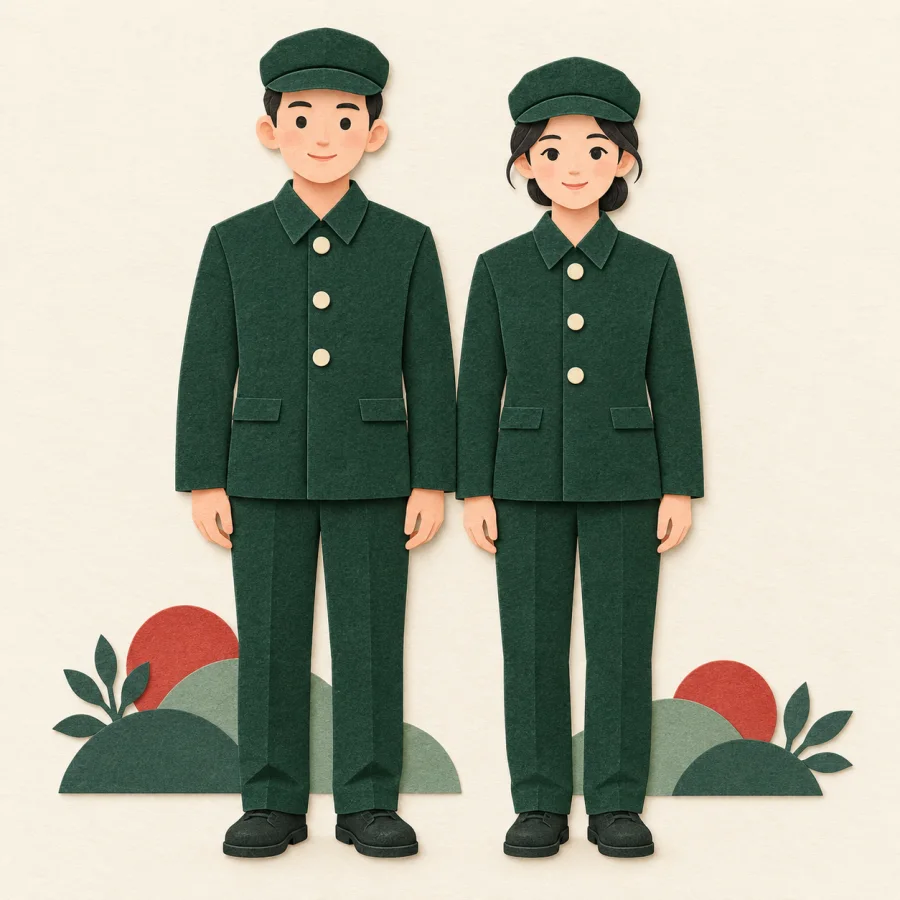 Two people stand side by side in matching green uniforms
