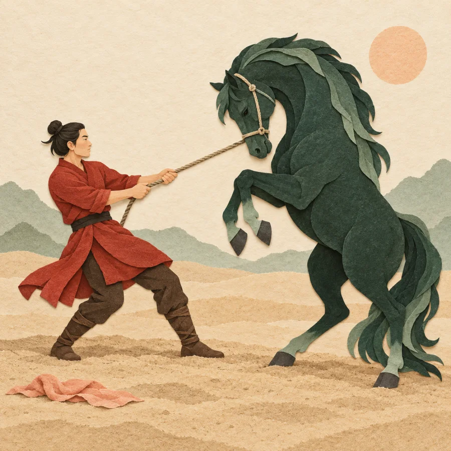 A person pulls a rope to calm a rearing horse