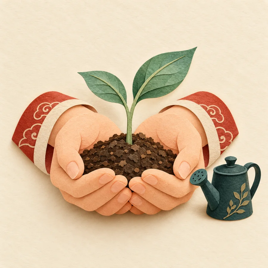 Hands gently cup a small green sprout above the soil