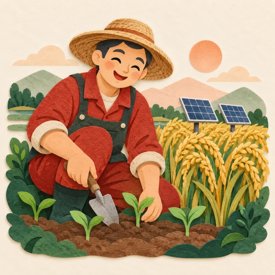 A farmer sprouts seedlings beside a thriving, prosperous field
