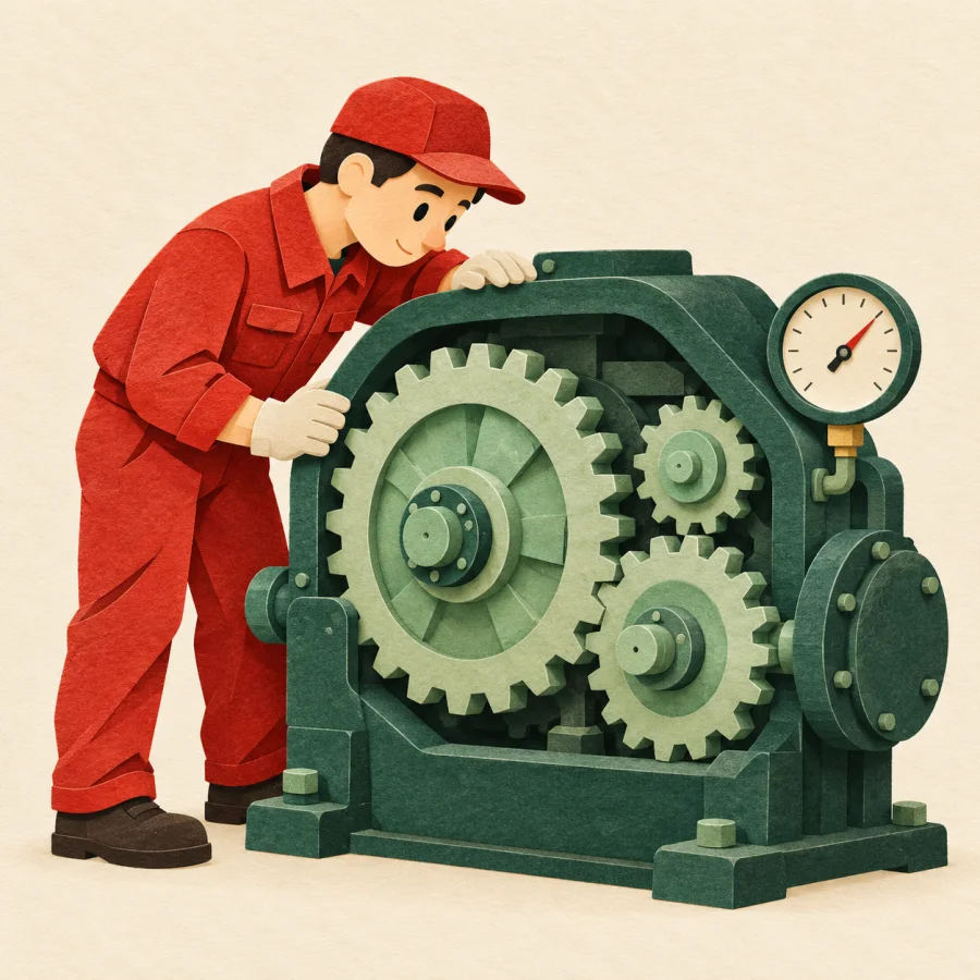 A worker checks the large turning gears of a machine.
