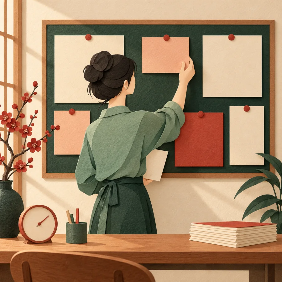A person arranges task cards on an office wall board.