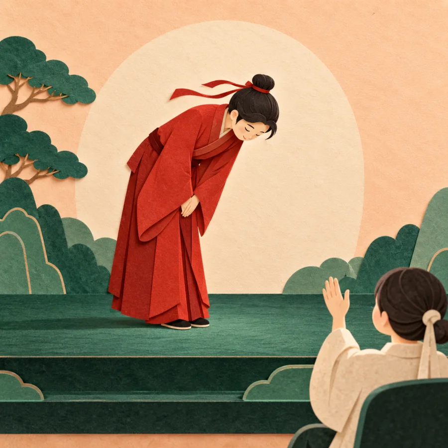 A performer bows deeply to the audience from the stage.