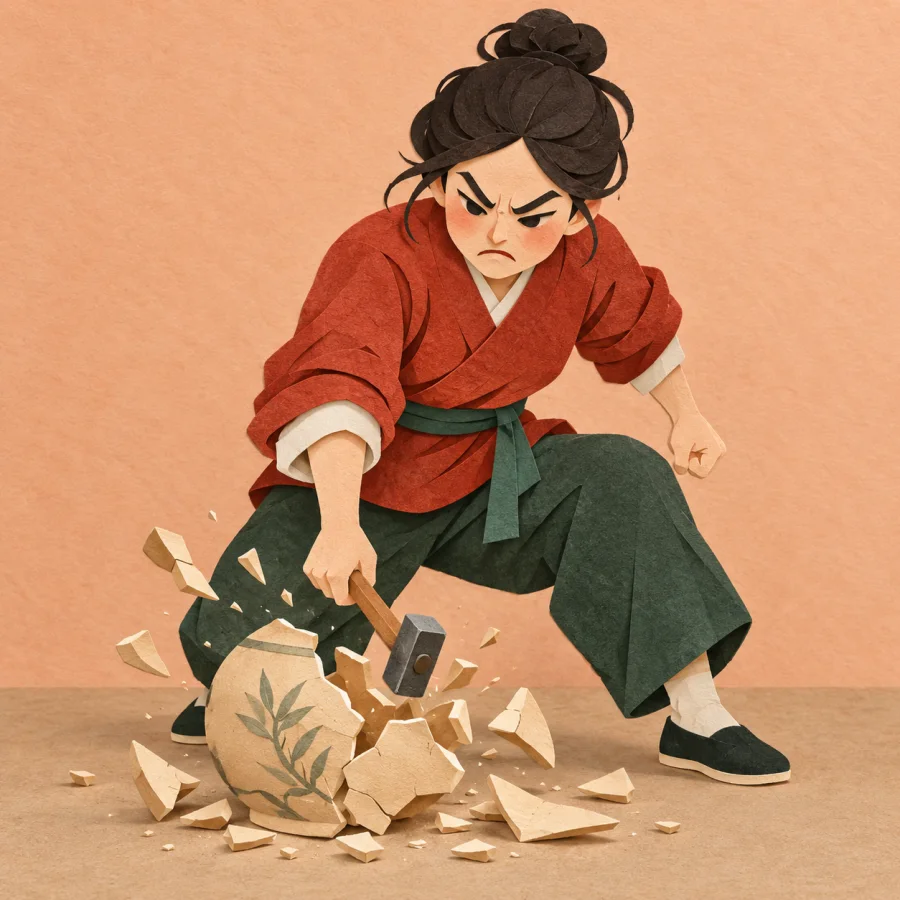 A person smashing a ceramic pot into shards with a hammer