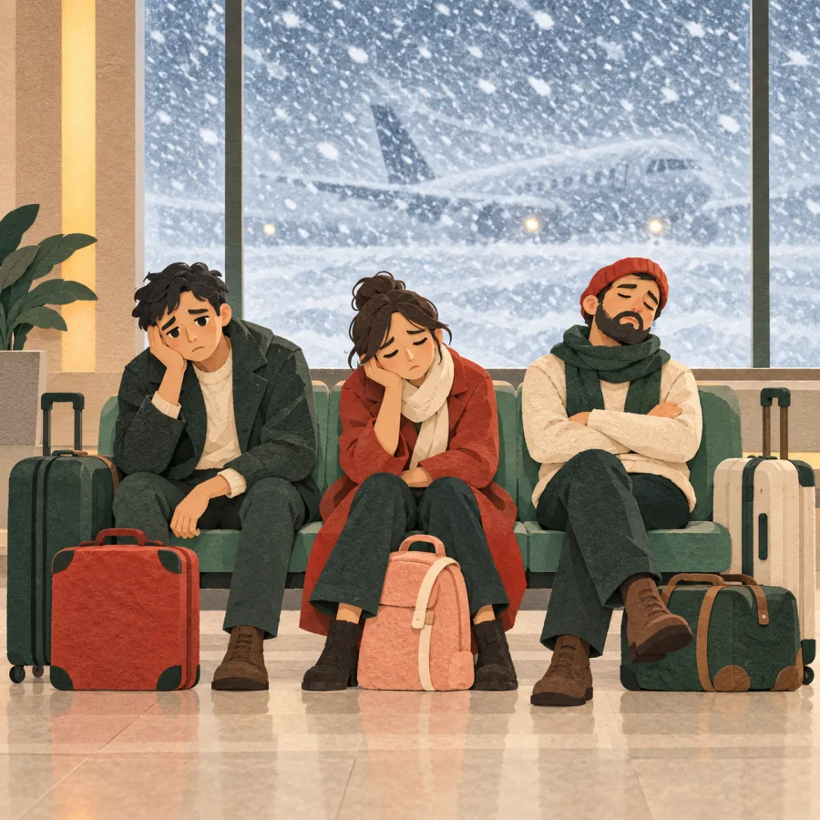Stranded travelers with suitcases waiting inside an airport hall